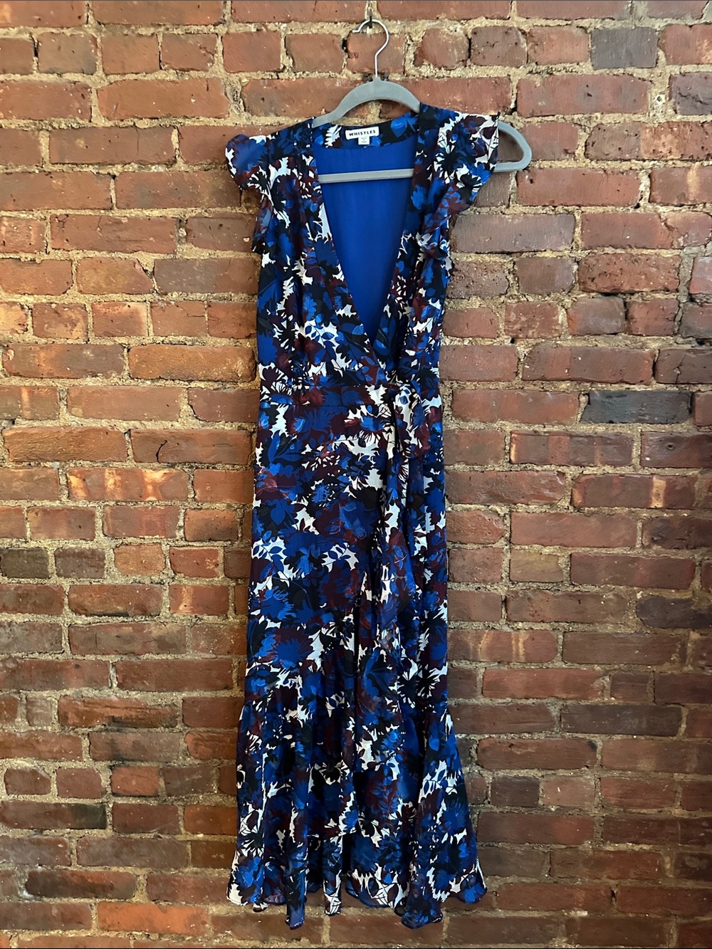 Whistles Blue Floral Wrap Maxi Dress with Navy and White Accents